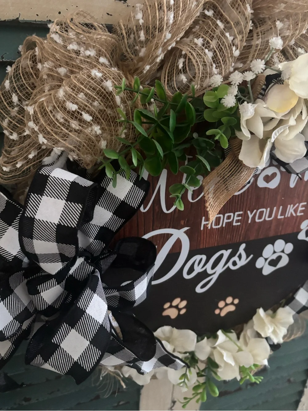 “Welcome” Hope You Like Dogs Burlap Mesh Floral Wreath Custom Design Final Sale